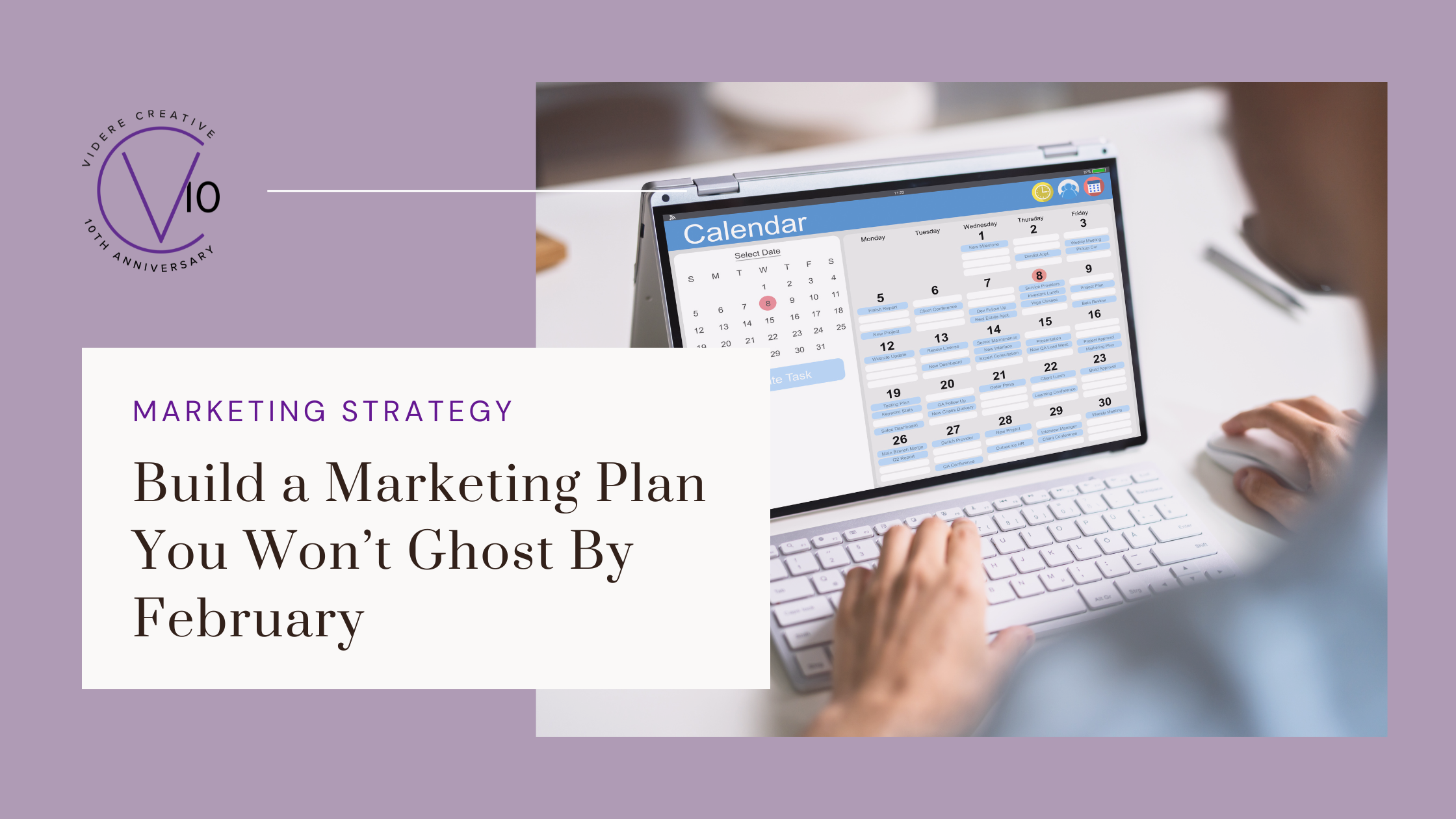 Close-up of a laptop showing a monthly calendar as someone types on a keyboard