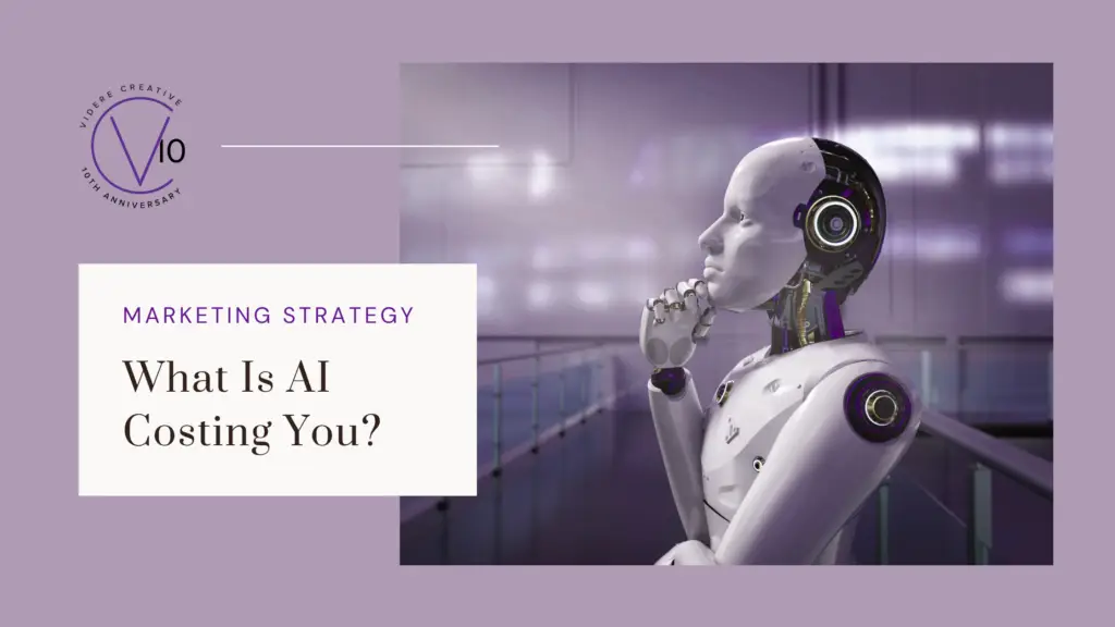 Graphic titled “What Is AI Costing You?” featuring a thoughtful humanoid robot against a muted purple background.